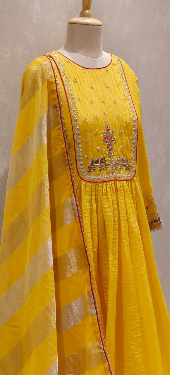 Surat Mul Chanderi Festival Collection Suit with Handcrafted Yoke Design, Rich Embellishments & Classic Dupatta