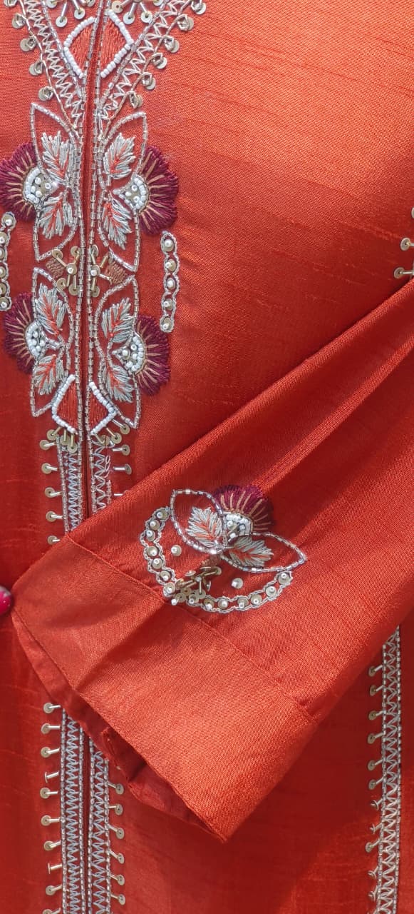 Designer Dola Silk A-Line Kurta–Palazzo Set With Front Slit Featuring Detailed Hand Embroidery and  Dupatta DRYWASH