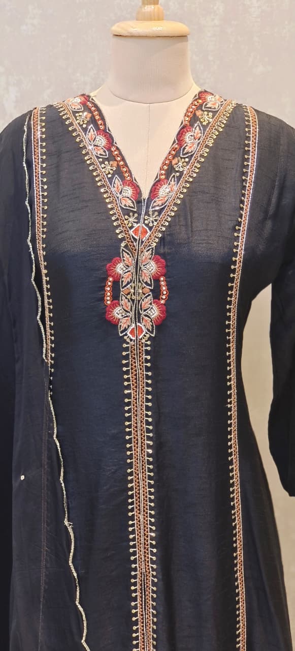 Designer Dola Silk A-Line Kurta–Palazzo Set With Front Slit Featuring Detailed Hand Embroidery and  Dupatta DRYWASH