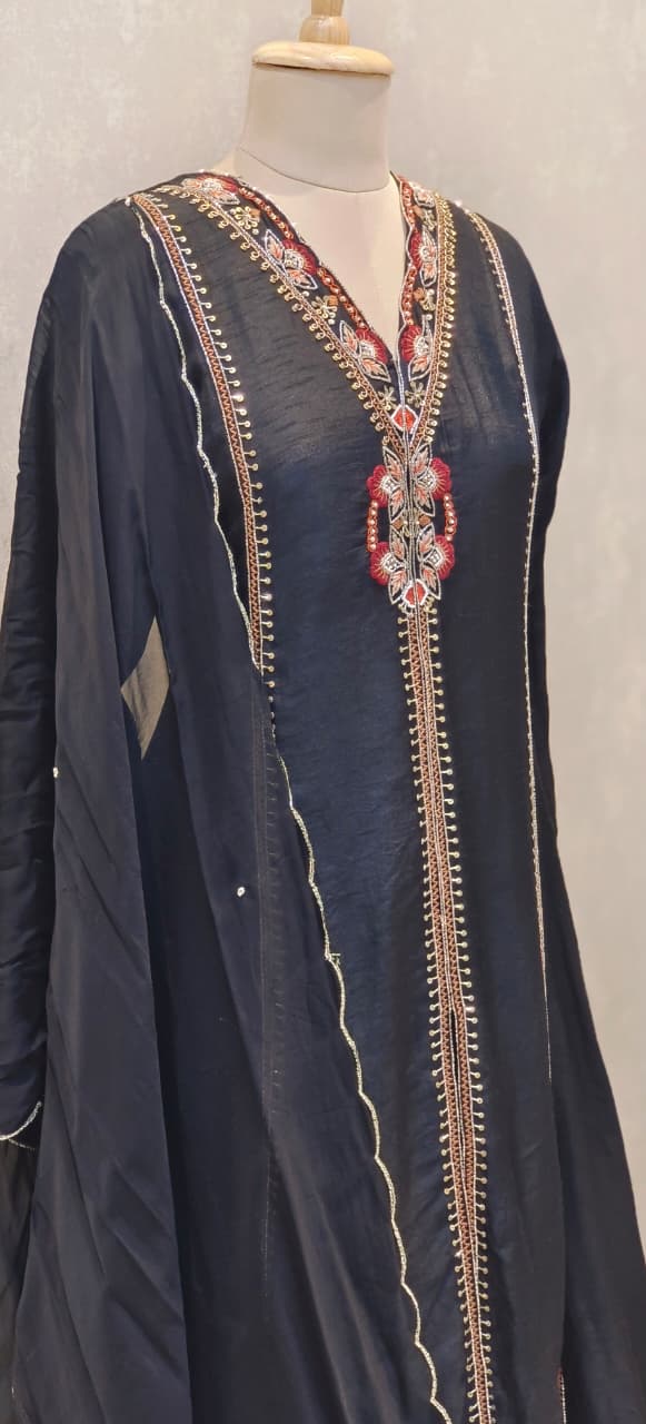 Designer Dola Silk A-Line Kurta–Palazzo Set With Front Slit Featuring Detailed Hand Embroidery and  Dupatta DRYWASH