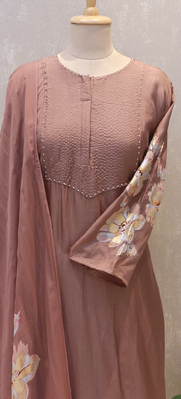 Chic Daily-Wear Suit Adorned with Handcrafted Smocking, Stylish Sleeve Motifs & Soft Floral Dupatta