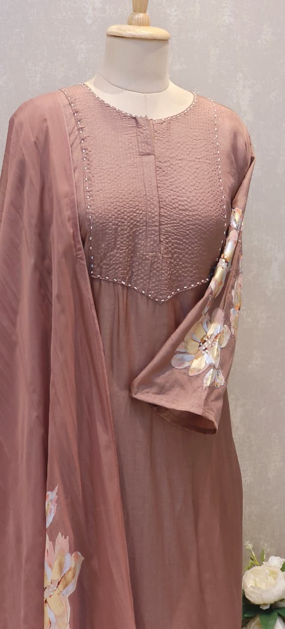 Chic Daily-Wear Suit Adorned with Handcrafted Smocking, Stylish Sleeve Motifs & Soft Floral Dupatta