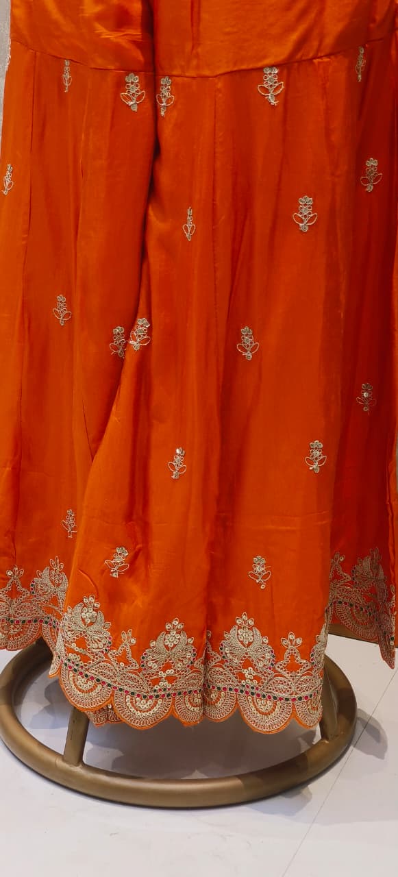 Premium Silk Embroidered Anarkali Style Kurta With Loose Palazzo Suit Set with Heavy Zari, Sequence Work & Bandhej-Patterned Dupatta DRYWASH