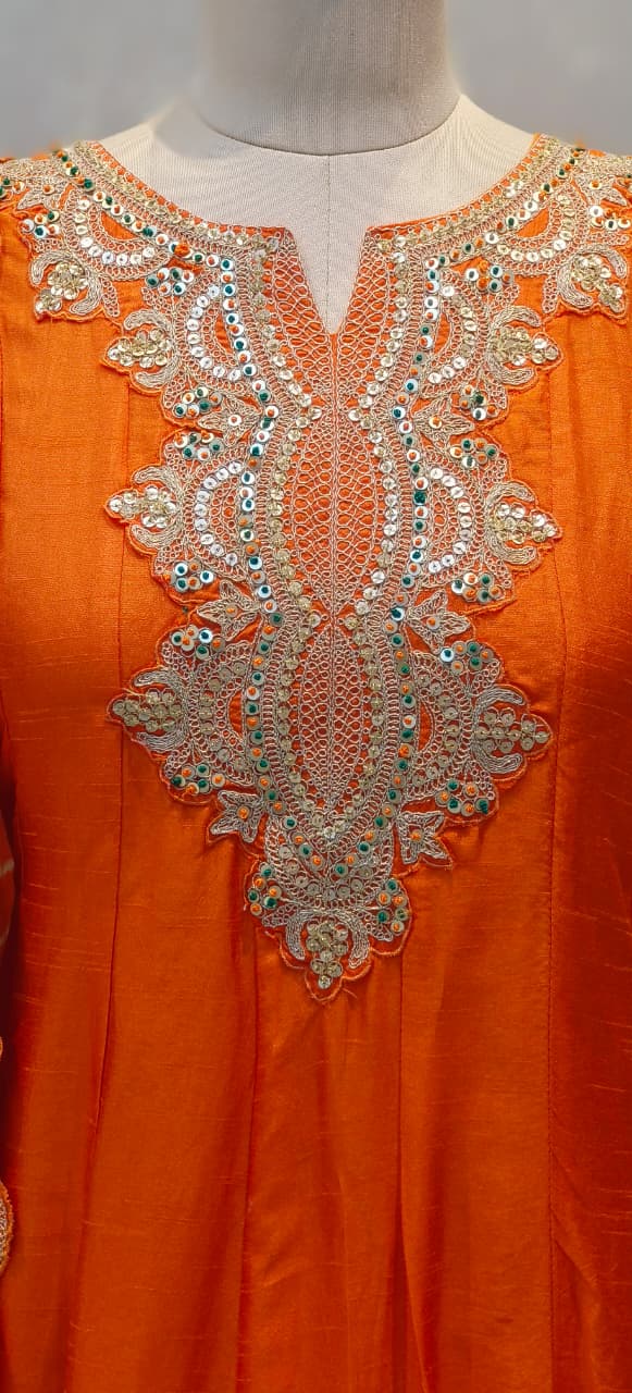 Premium Silk Embroidered Anarkali Style Kurta With Loose Palazzo Suit Set with Heavy Zari, Sequence Work & Bandhej-Patterned Dupatta DRYWASH