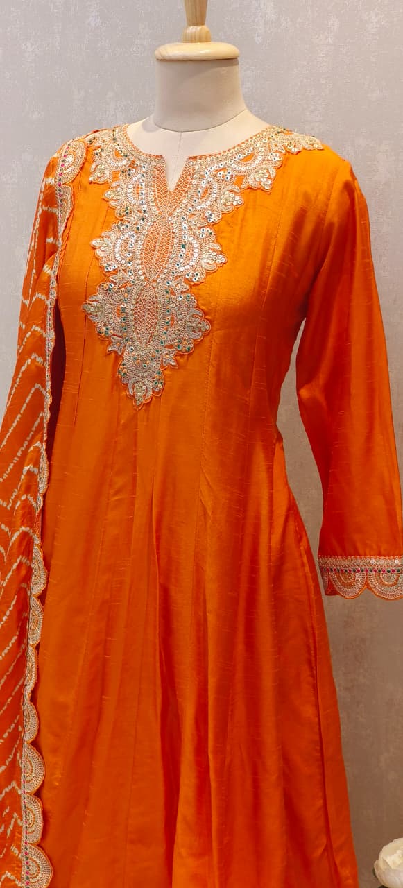 Premium Silk Embroidered Anarkali Style Kurta With Loose Palazzo Suit Set with Heavy Zari, Sequence Work & Bandhej-Patterned Dupatta DRYWASH