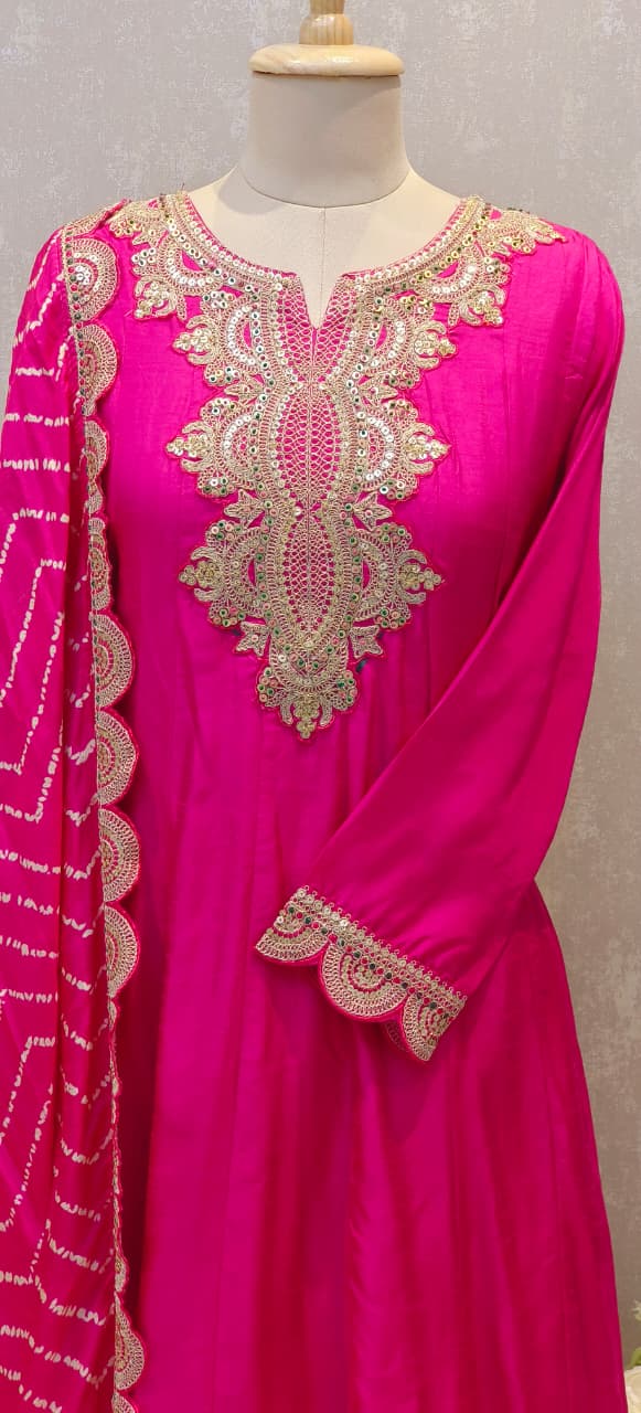 Premium Silk Embroidered Anarkali Style Kurta With Loose Palazzo Suit Set with Heavy Zari, Sequence Work & Bandhej-Patterned Dupatta DRYWASH