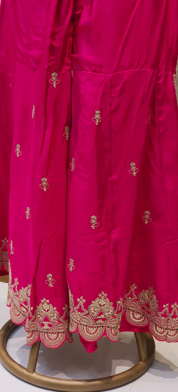 Premium Silk Embroidered Anarkali Style Kurta With Loose Palazzo Suit Set with Heavy Zari, Sequence Work & Bandhej-Patterned Dupatta DRYWASH