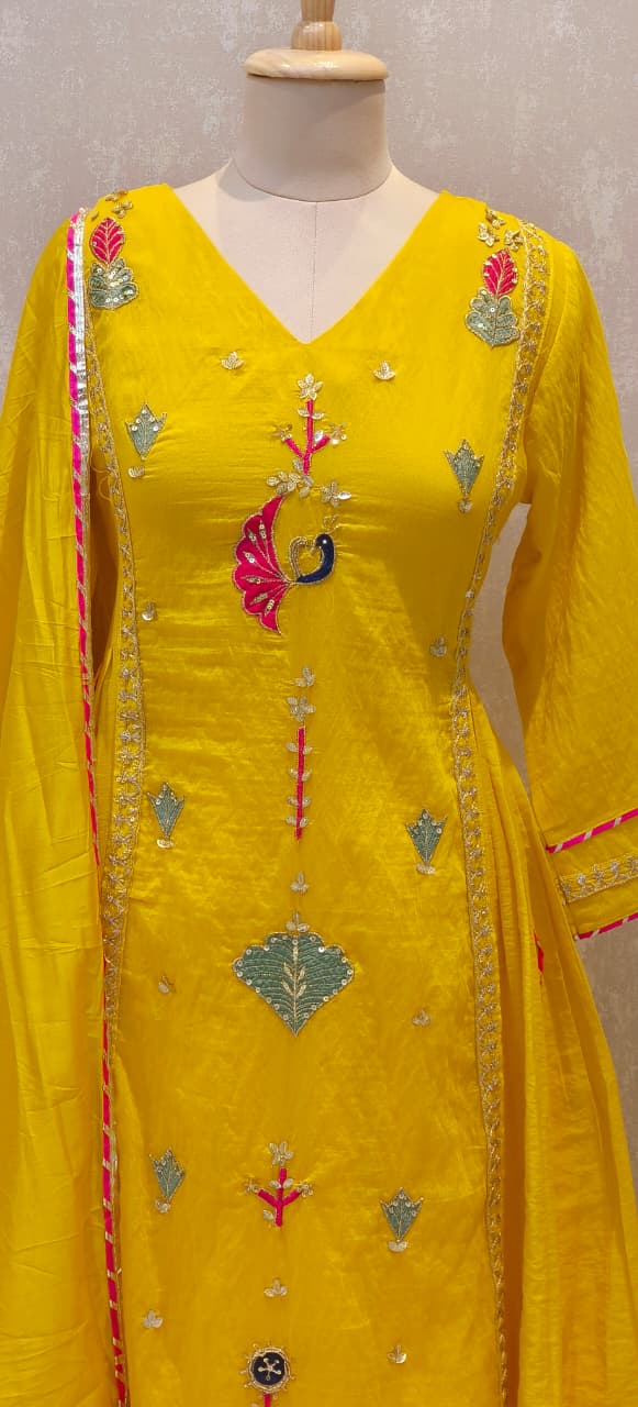 Surat Mul Chanderi Embroidered Anarkali Kurta With Loose Georgette Bottom Set with Festive Motifs, Delicate Sleeve Work & Bright Contrast Dupatta Finish