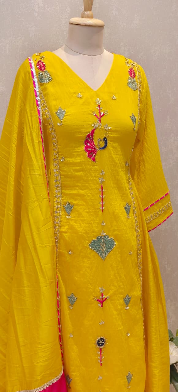 Surat Mul Chanderi Embroidered Anarkali Kurta With Loose Georgette Bottom Set with Festive Motifs, Delicate Sleeve Work & Bright Contrast Dupatta Finish