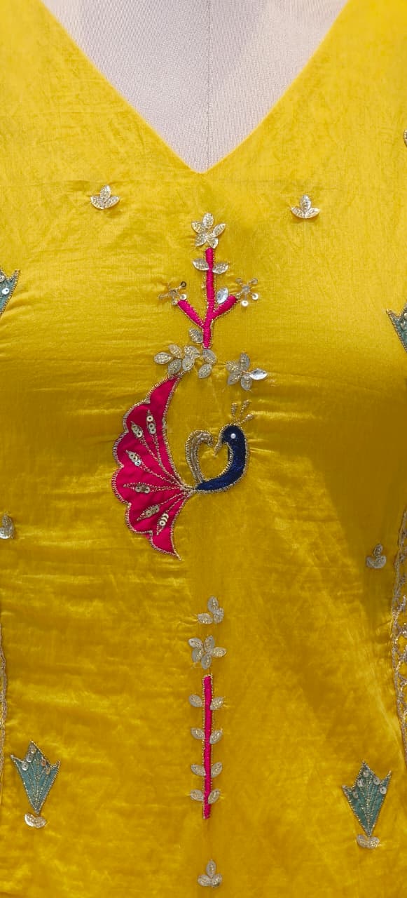 Surat Mul Chanderi Embroidered Anarkali Kurta With Loose Georgette Bottom Set with Festive Motifs, Delicate Sleeve Work & Bright Contrast Dupatta Finish