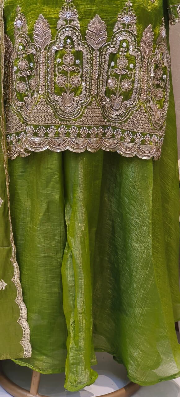 Royale Shimmer Tissue Suit Set Adorned with Intricate Thread–Zari Work, Flared Bottom & Embellished Dupatta