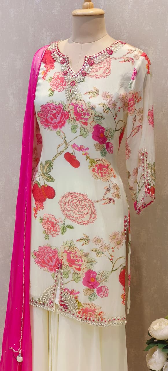 Chinon Fabric Premium Kurta Front Slit Set Featuring Digital Floral Prints, Heavy Neck Embellishments & Flared Palazzo DRYWASH-12586