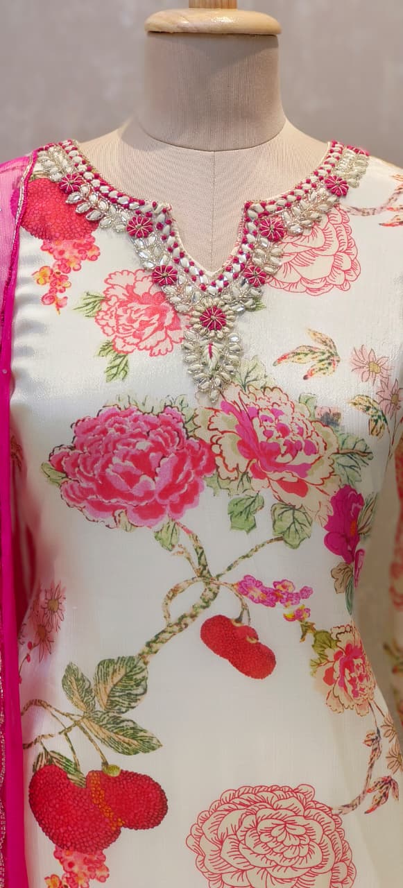 Chinon Fabric Premium Kurta Front Slit Set Featuring Digital Floral Prints, Heavy Neck Embellishments & Flared Palazzo DRYWASH-12586