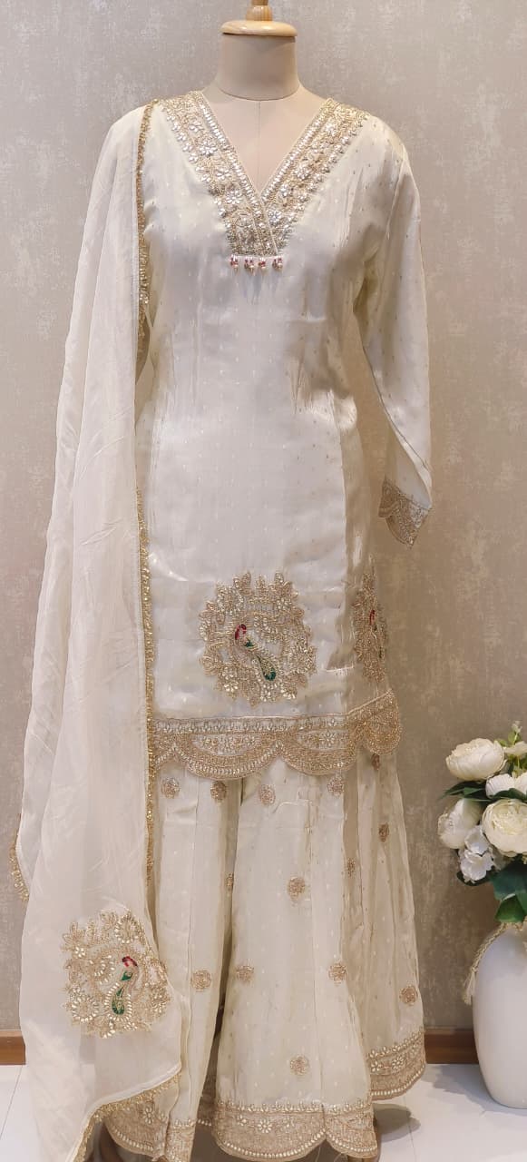 Ivory Shimmer Tissue Peacock Embroidered Sharara Set With Dupatta DRYWASH