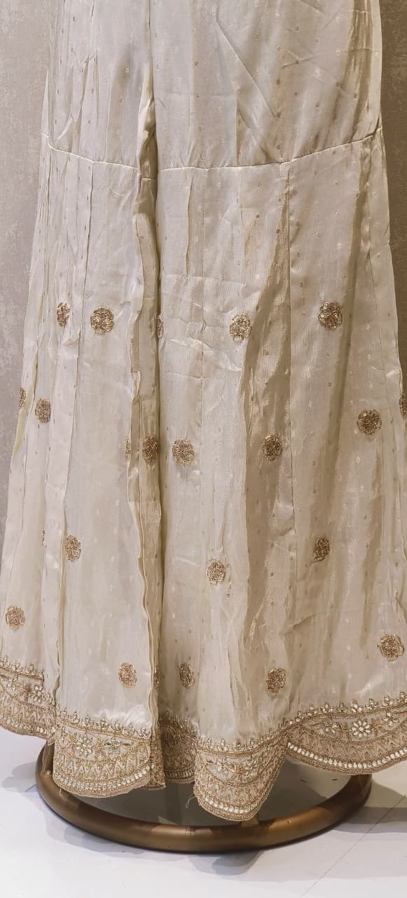 Ivory Shimmer Tissue Peacock Embroidered Sharara Set With Dupatta DRYWASH