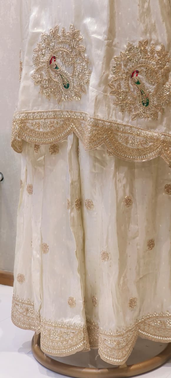 Ivory Shimmer Tissue Peacock Embroidered Sharara Set With Dupatta DRYWASH