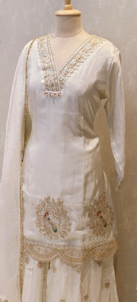 Ivory Shimmer Tissue Peacock Embroidered Sharara Set With Dupatta DRYWASH