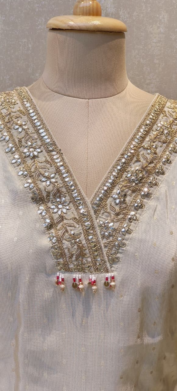 Ivory Shimmer Tissue Peacock Embroidered Sharara Set With Dupatta DRYWASH