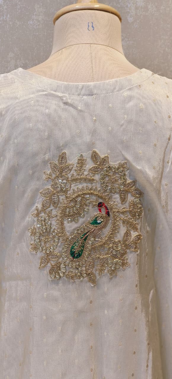 Ivory Shimmer Tissue Peacock Embroidered Sharara Set With Dupatta DRYWASH
