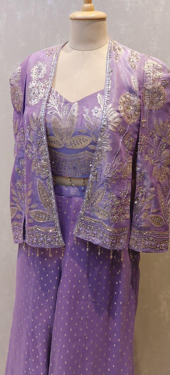 Luxury Banarasi Silk Three-Piece Co-ord Set with Heavy Zari Embroidered Jacket, Designer Padded Bustier & Flared Palazzo Pants DRYWASH