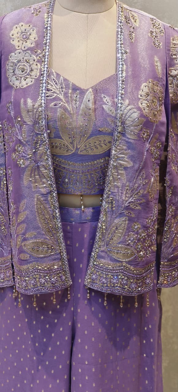 Luxury Banarasi Silk Three-Piece Co-ord Set with Heavy Zari Embroidered Jacket, Designer Padded Bustier & Flared Palazzo Pants DRYWASH