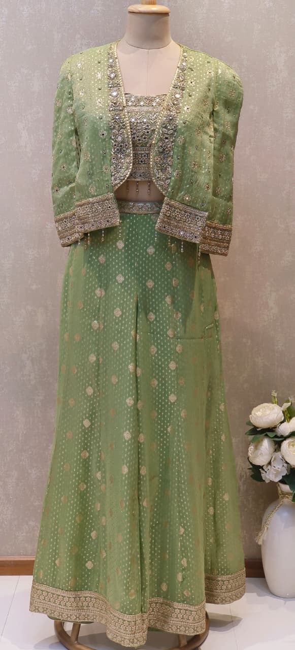 Banarasi Silk Premium Jacket Suit Set with Heritage Weave Detail, Embellished Crop Top & Wide Flared Bottoms