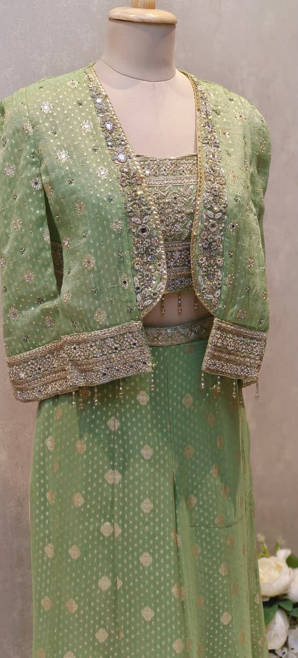 Banarasi Silk Premium Jacket Suit Set with Heritage Weave Detail, Embellished Crop Top & Wide Flared Bottoms