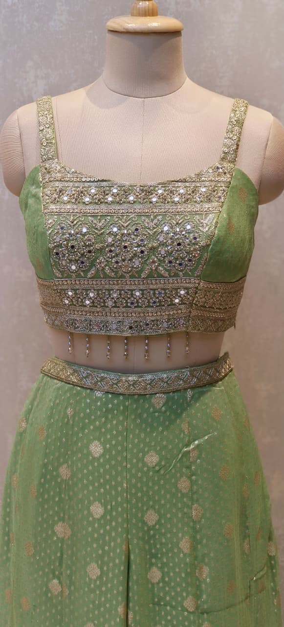 Banarasi Silk Premium Jacket Suit Set with Heritage Weave Detail, Embellished Crop Top & Wide Flared Bottoms