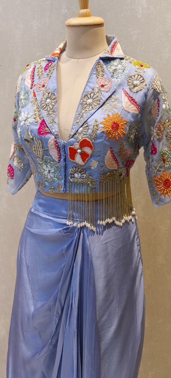 Designer Embroidered Crop Top With Crepe Drape Skirt DRYWASH (Dispatching After 45 Days On Orders)