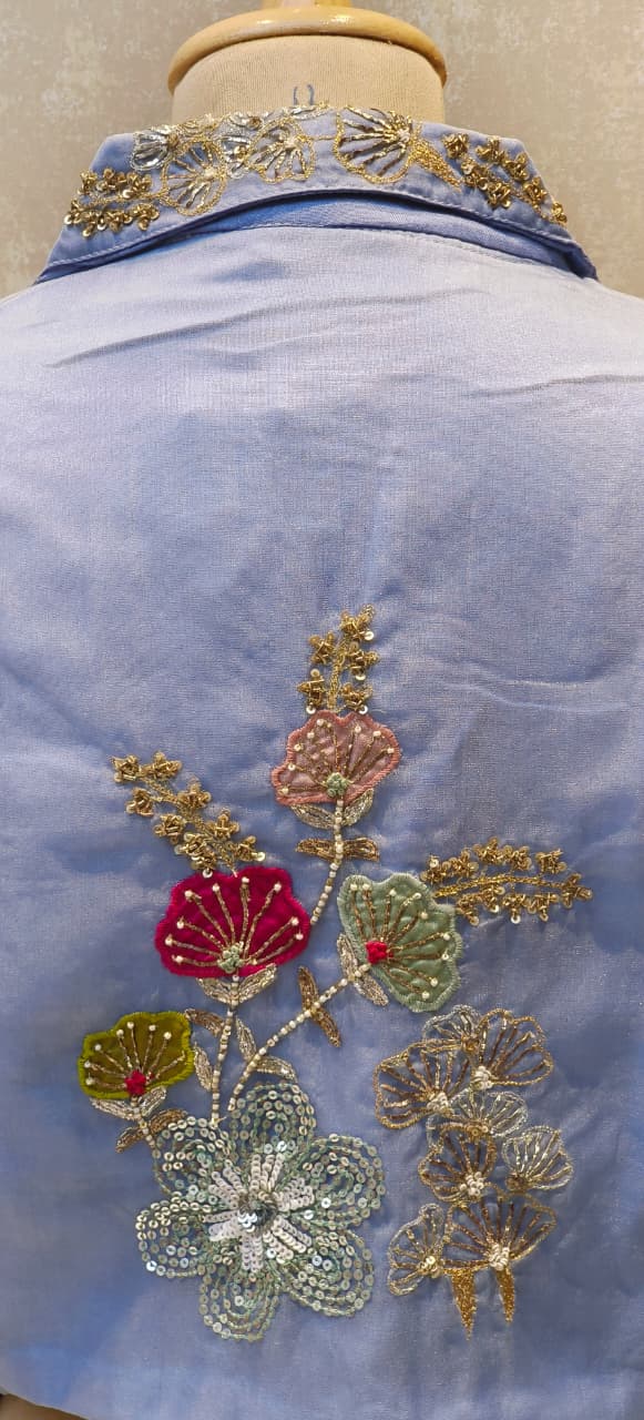 Designer Embroidered Crop Top With Crepe Drape Skirt DRYWASH (Dispatching After 45 Days On Orders)