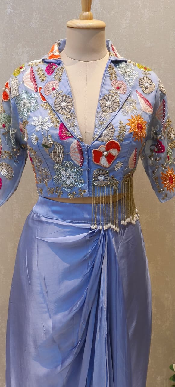 Designer Embroidered Crop Top With Crepe Drape Skirt DRYWASH (Dispatching After 45 Days On Orders)