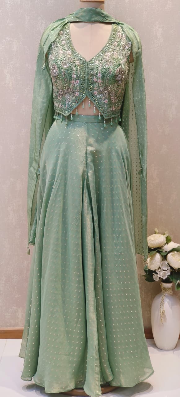 Designer Pastel Green Banarasi Silk Palazzo Set with Intricately Embellished Crop Top and Fully Hand worked Chokar DupattaDRYWASH