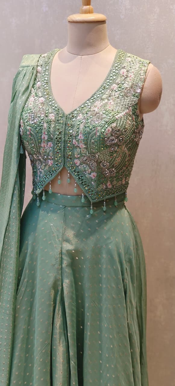 Designer Pastel Green Banarasi Silk Palazzo Set with Intricately Embellished Crop Top and Fully Hand worked Chokar DupattaDRYWASH