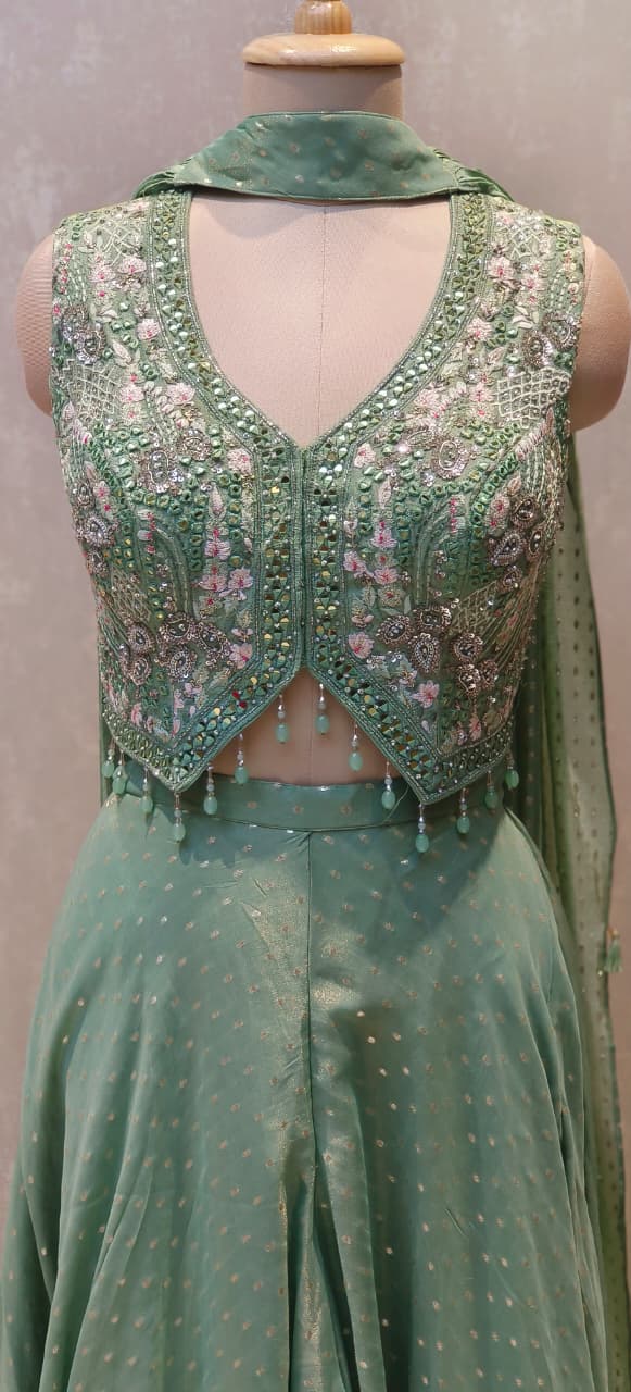 Designer Pastel Green Banarasi Silk Palazzo Set with Intricately Embellished Crop Top and Fully Hand worked Chokar DupattaDRYWASH