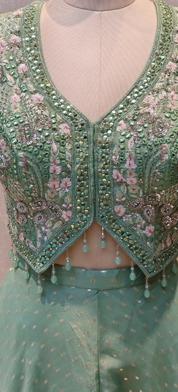 Designer Pastel Green Banarasi Silk Palazzo Set with Intricately Embellished Crop Top and Fully Hand worked Chokar DupattaDRYWASH