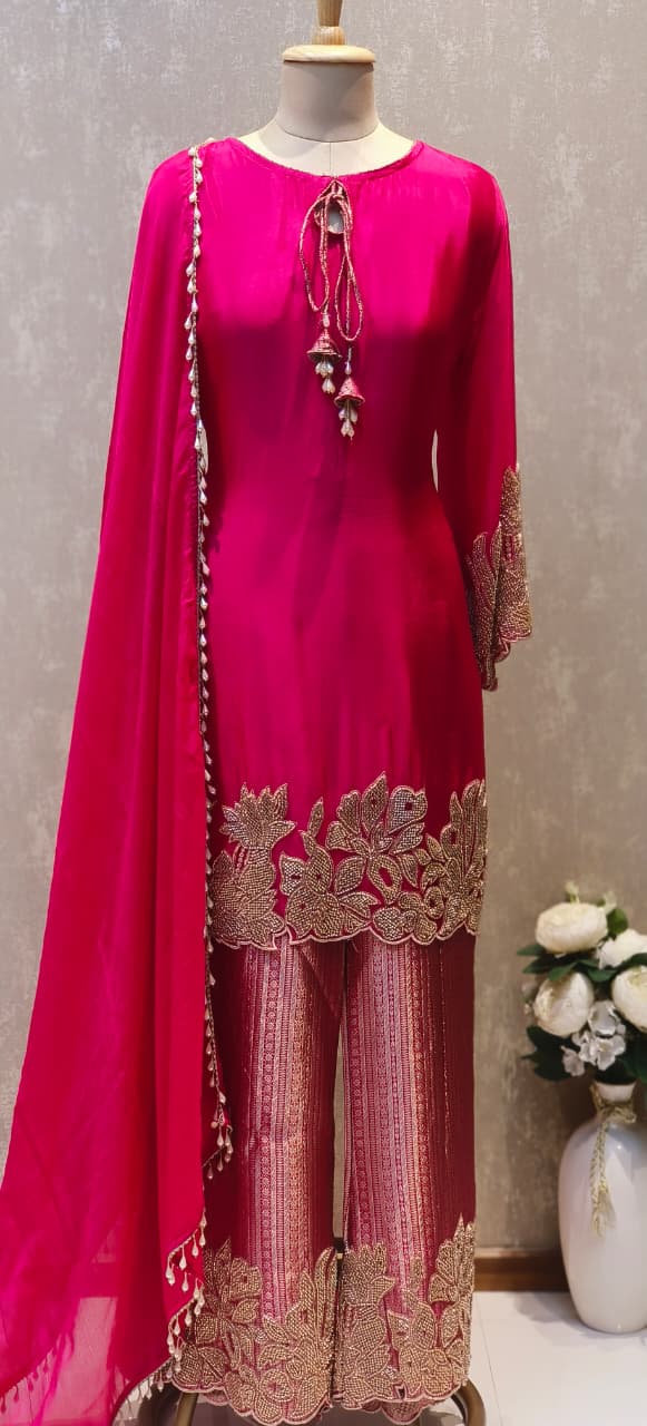 Premium Fuchsia Embroidered Kurta with Zari Work Heavy Brocade Palazzo and Matching Dupatta-12455,12457