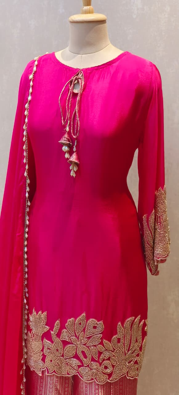 Premium Fuchsia Embroidered Kurta with Zari Work Heavy Brocade Palazzo and Matching Dupatta-12455,12457