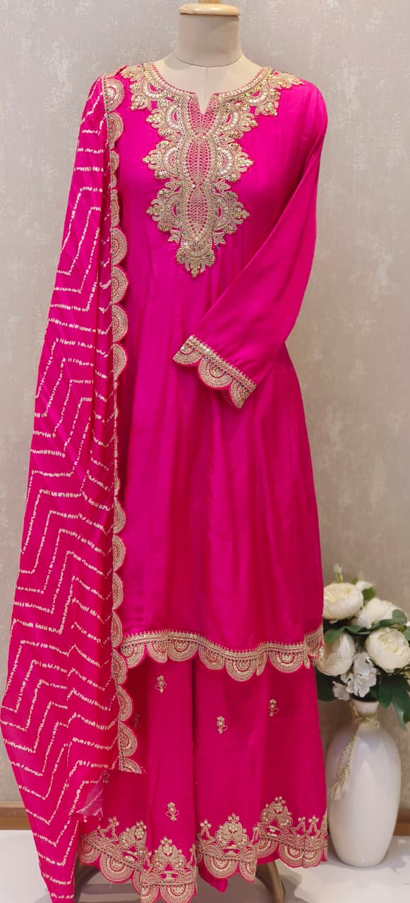 Premium Silk Embroidered Anarkali Style Kurta With Loose Palazzo Suit Set with Heavy Zari, Sequence Work & Bandhej-Patterned Dupatta DRYWASH