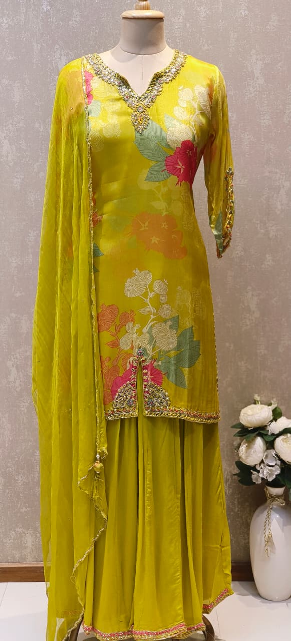 Chinon Fabric Partywear Kurta Loose Palazzo Ensemble with Full Floral Print,Real Mirror Handwork, and Embellished Dupatta-12581