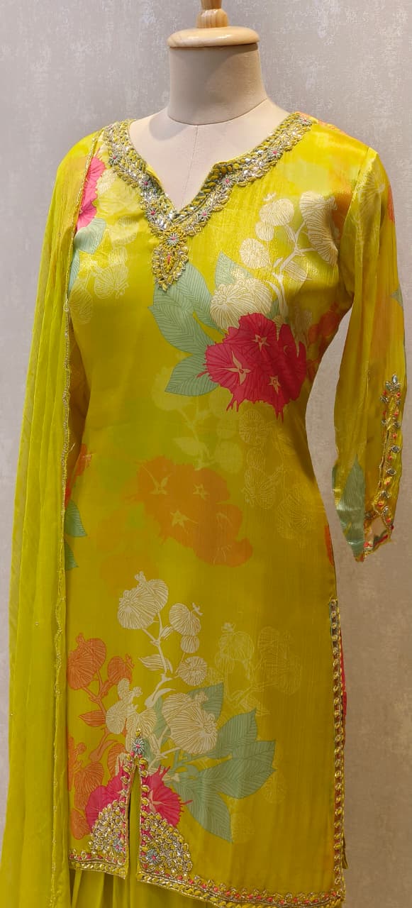 Chinon Fabric Partywear Kurta Loose Palazzo Ensemble with Full Floral Print,Real Mirror Handwork, and Embellished Dupatta-12581