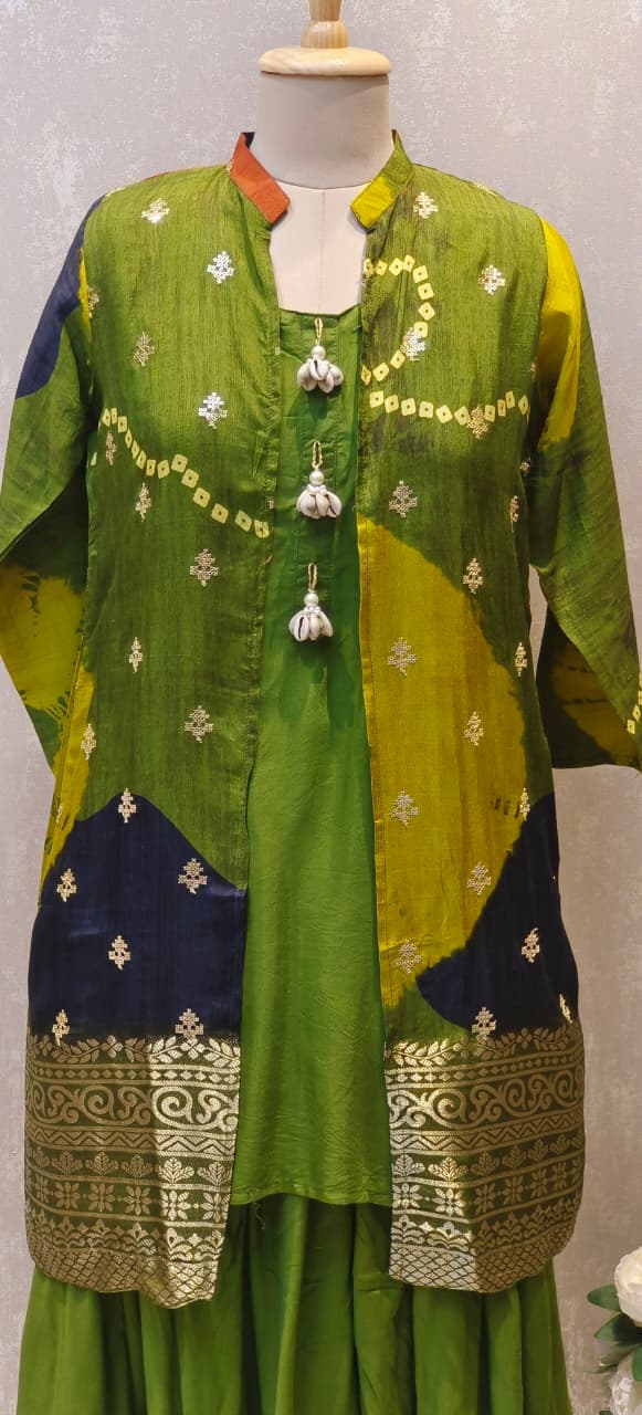 Designer Multi-Tone Silk Jacket Style Kurta Set with Golden Zari Border and Green Harem Bottom