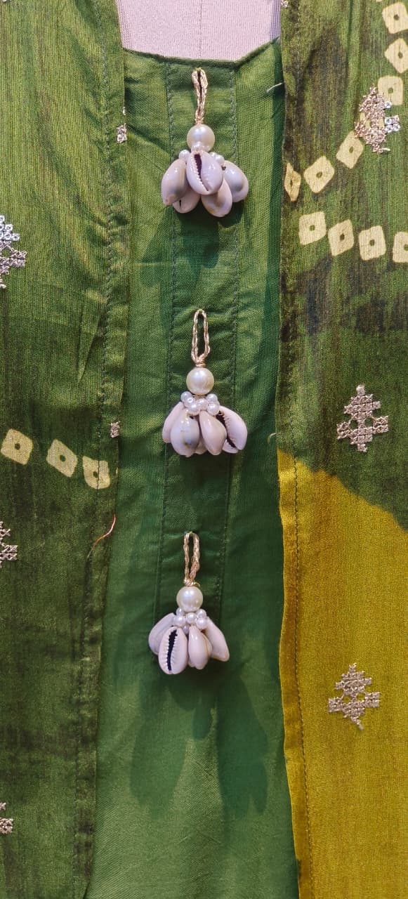 Designer Multi-Tone Silk Jacket Style Kurta Set with Golden Zari Border and Green Harem Bottom