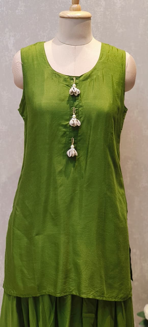 Designer Multi-Tone Silk Jacket Style Kurta Set with Golden Zari Border and Green Harem Bottom