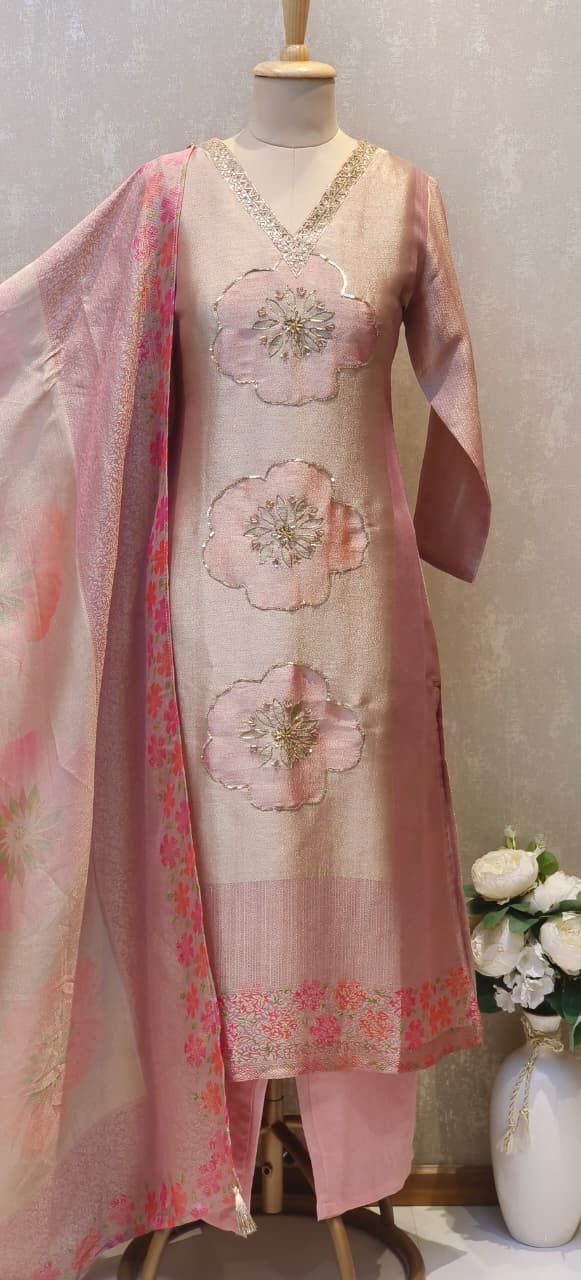 Pastel Pink Pure Banarsi silk Suit Set with Hand-Embroidered 3D Floral Motifs and Floral Woven Dupatta-12537