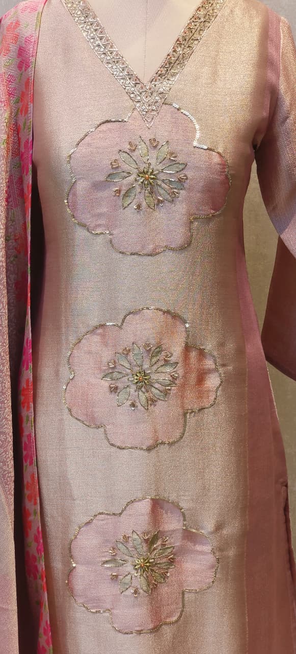 Pastel Pink Pure Banarsi silk Suit Set with Hand-Embroidered 3D Floral Motifs and Floral Woven Dupatta-12537