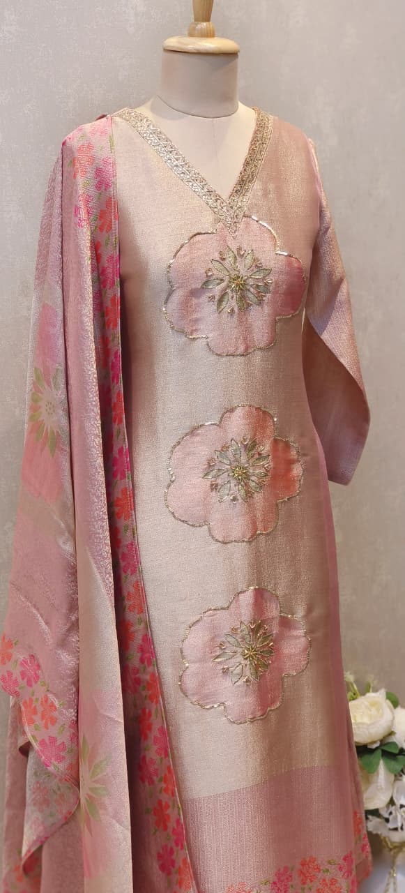 Pastel Pink Pure Banarsi silk Suit Set with Hand-Embroidered 3D Floral Motifs and Floral Woven Dupatta-12537