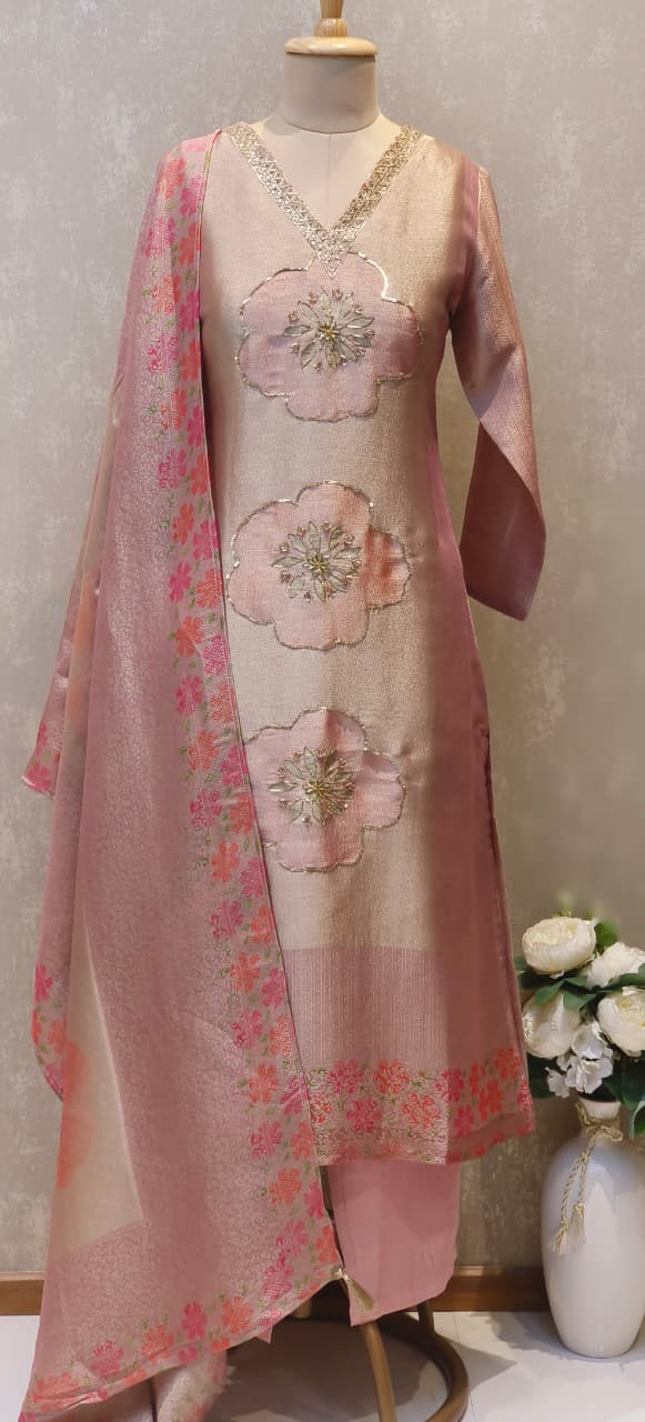 Pastel Pink Pure Banarsi silk Suit Set with Hand-Embroidered 3D Floral Motifs and Floral Woven Dupatta-12537