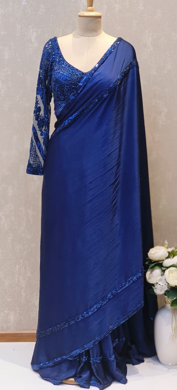 Luxury Navy Blue Partywear Ready Saree with Heavy Sequin Embroidered Blouse and Elegant Sequin Pallu-12606 RB88