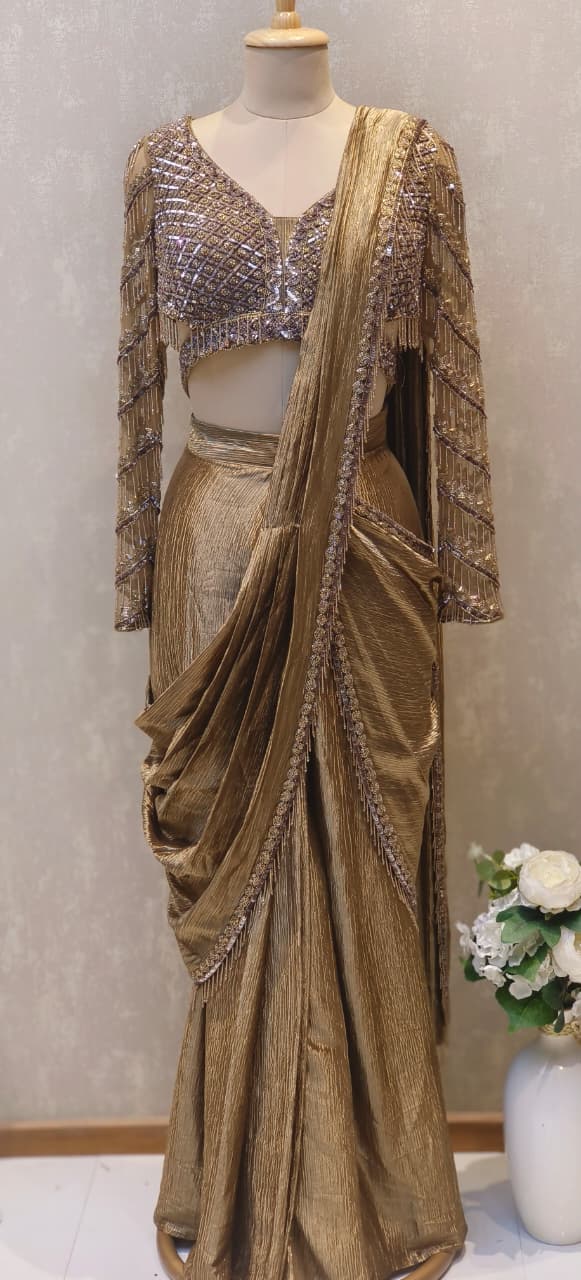 Premium Metallic Gold Pre-Draped Saree with Intricate Crystal, Sequin & Cut Dana Blouse and Coordinated Embellished Drape Pallu DRYWASH-12611  RB87