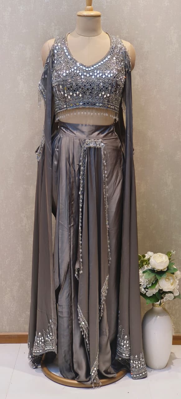 High-Fashion Partywear Drape Skirt Set with Heavy Hand-Embroidered Mirror Blouse, Dramatic Side Cut Drape & Crystal Hangings